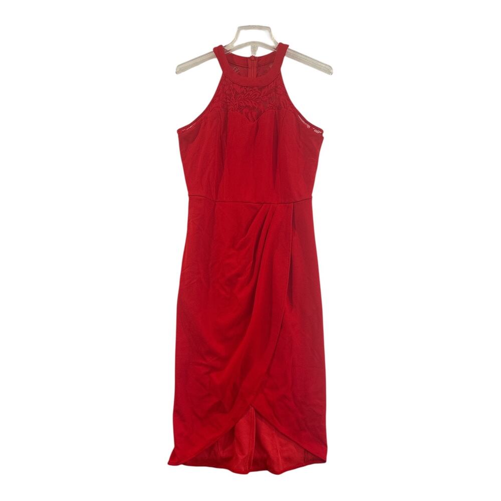 Red Lace Halter Midi Cocktail Dress Ruched Tulip Hem Women’s M NWT